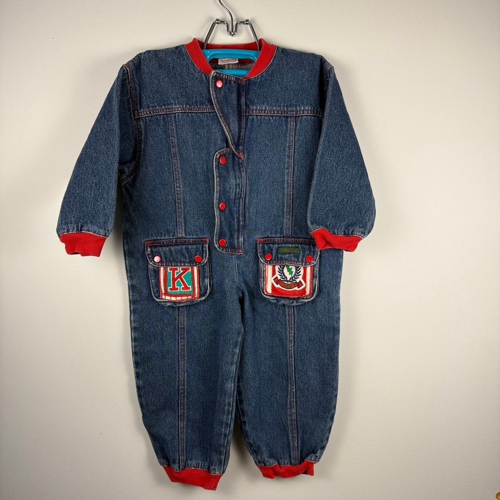 Vintage Scout Tex Kids Denim Boiler Suit Jumpsuit 3T Red Trim Patches Kidcore